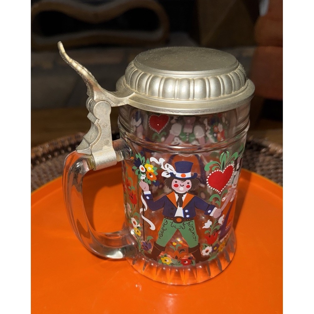 Vintage Glass Beer Stein Pewter Lid Folk Art Couple Floral German Style